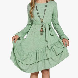 Long Sleeve Loose Plain Casual Ruffle Swing Long Midi Dress with Belt girls